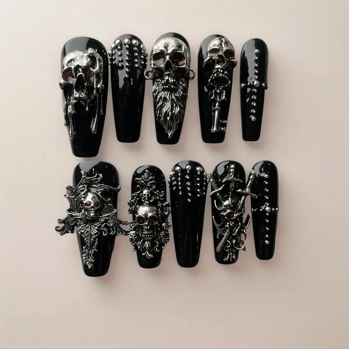 10 PCS Handmade 3D Silver Color Skull Press On Nails, Halloween Witch Armor Gothic Fake Nails, Acrylic False Nails, Long Coffin/Stiletto Shape, Removable,Includes Nail File, Acrylic Stick & Jelly Self Adhesive, Pressed On Nails