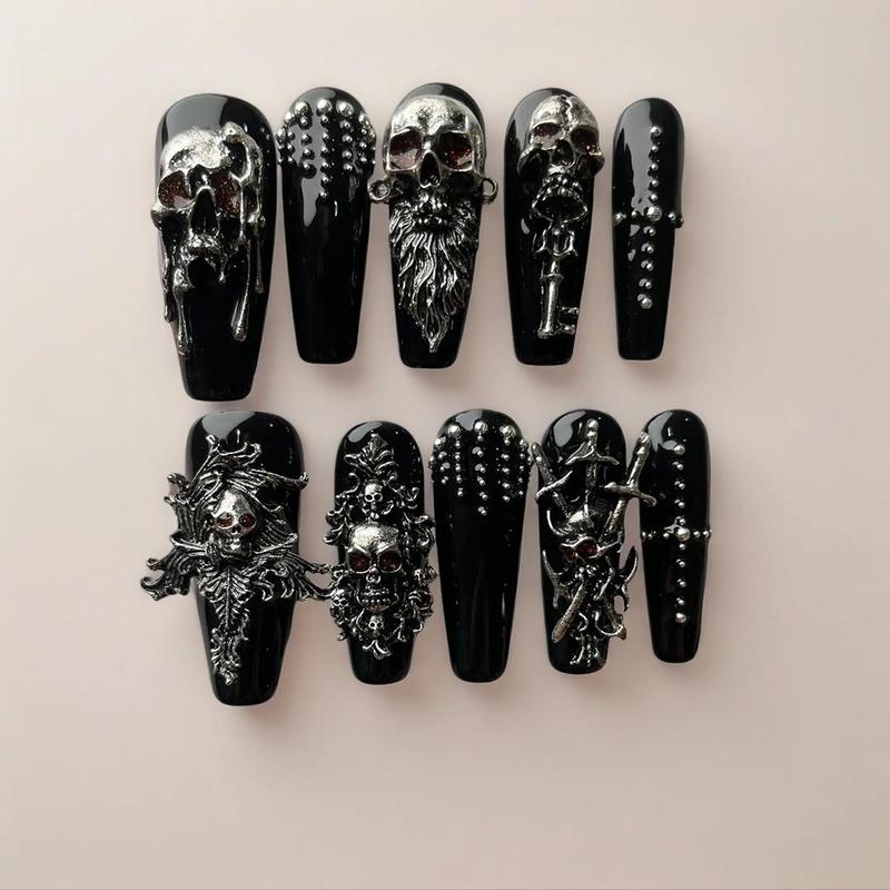 10 PCS Handmade 3D Silver Color Skull Press On Nails, Stylish Acrylic Nails, Halloween Witch Armor Gothic Fake Nails, Long Ballerina/Stiletto Shape, Removable