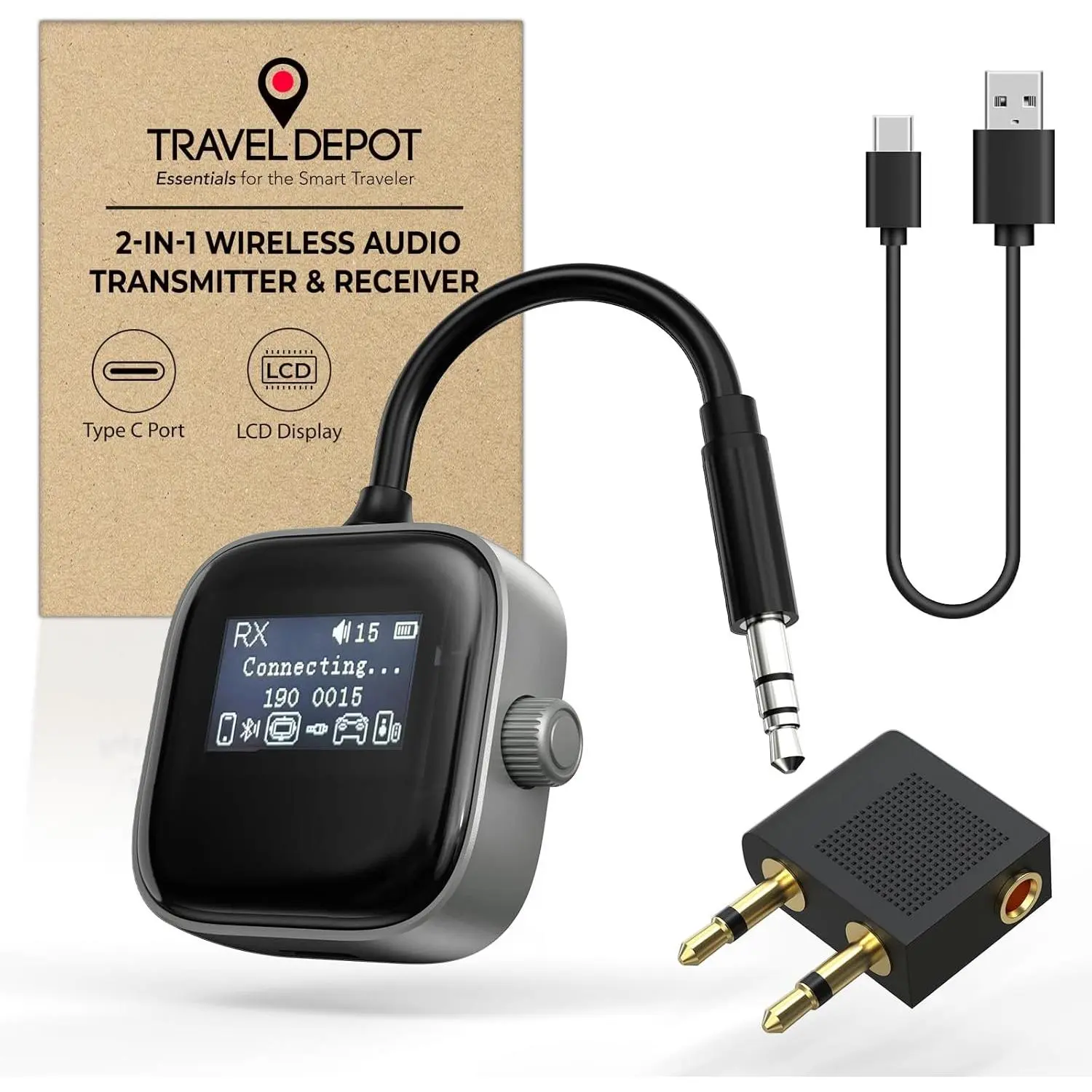 Bluetooth 5.3 Compact Wireless Audio Transmitter Receiver, 3.5mm AUX Jack Airplane Adapter with HD Screen, Low Latency for 2 AirPods Headphones, TV, Devices & Stable Connection