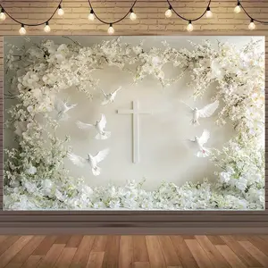 Elegant White Floral Cross Backdrop with Doves And Blossoms - Polyester, Ideal for Birthday Parties, First Communions, Tailgating & More Decoration for Indoor Celebrations And Outdoor Events