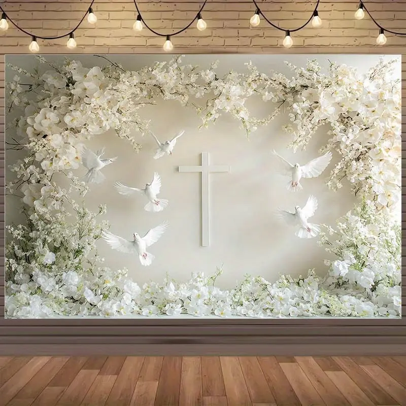 1-Piece Lightweight Wrinkle-Resistant Polyester Elegant White Floral Print Cross Backdrop with Doves, Blossoms - Photo Backdrop, Hanging Kit Included, for Wedding, Birthday Party Decorations (Indoor/Outdoor), One-Piece