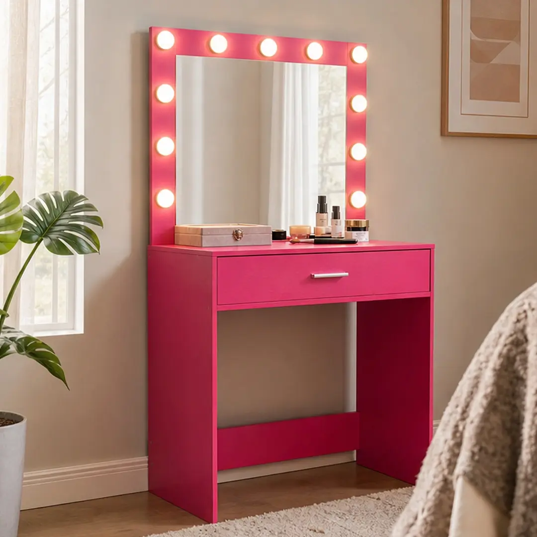 Pink Vanity Desk with 11 LED Bulbs Mirror, 1-Level Storage, Large Drawer, 3 Adjustable Brightness LED Lights, Particle Board Dressing Table, Assembly Required, Ideal for Housewarmings, Loved Ones of All Ages, 27.7"W x 54.3"D x 15.7"H