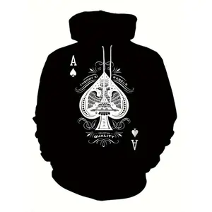Men’s vintage 3D spade poker print hoodie, casual fitted graphic sweatshirt, all-season street style