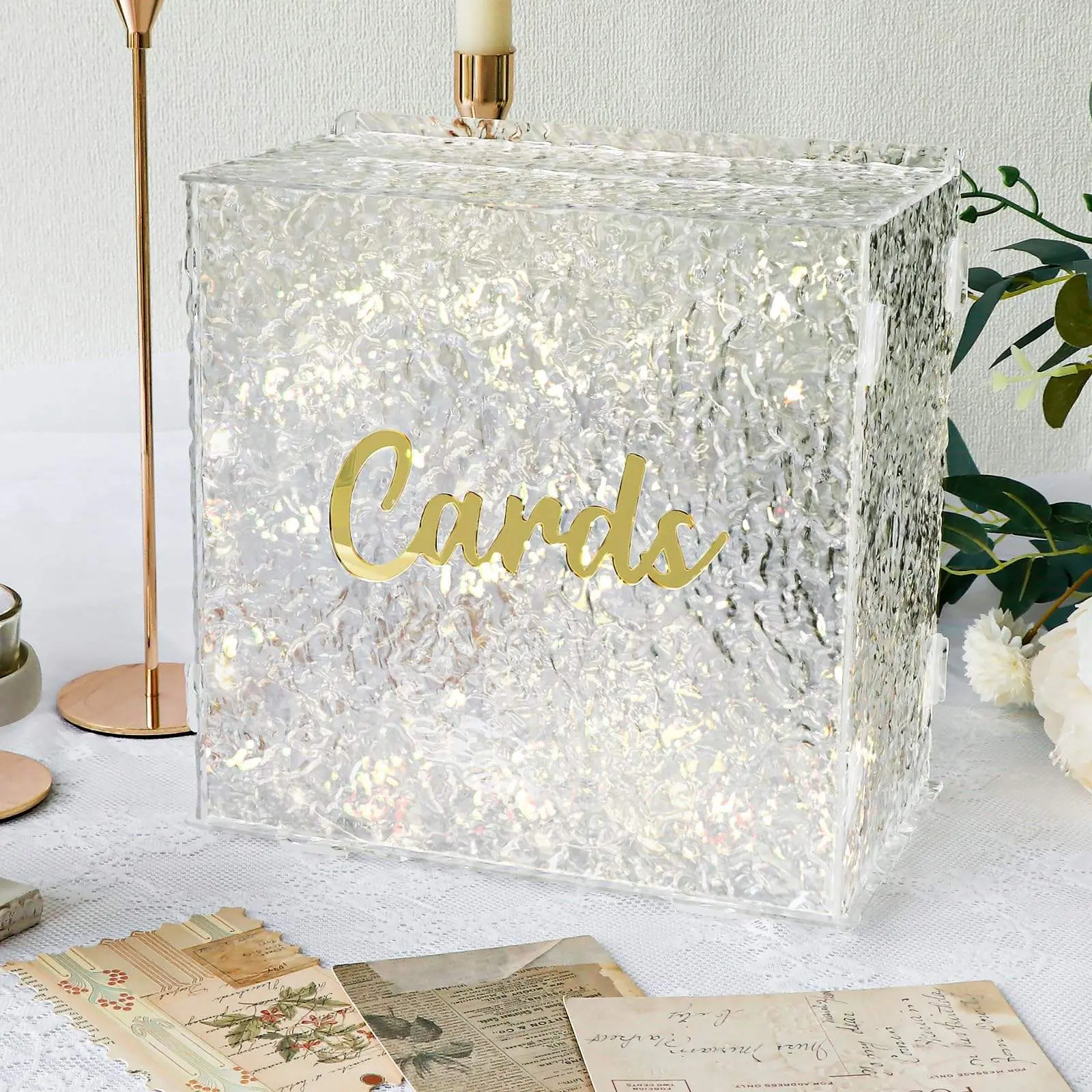 Elegant Water Ripple Clear Acrylic Wedding Card Box Gold 3D Lettering Guest Wish Envelope Money Holder Box with Fairy Lights for Wedding Reception Bridal Shower All Occasion Party Decor Keepsake Box