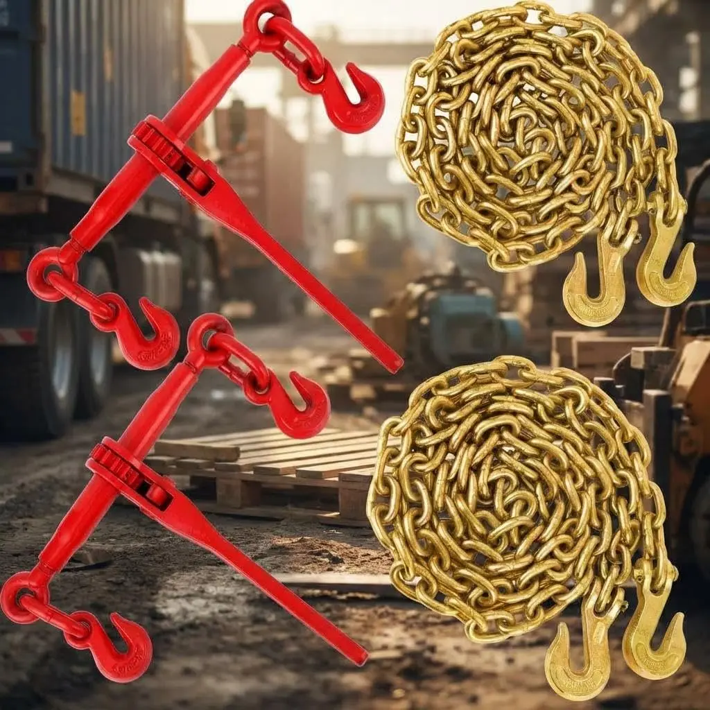 3/8in-1/2in G70 Ratchet Chain Binder Kit 2 Pack, 12,000 LBS WLL Heavy Duty Tie Down with 2x10FT Grappling Hook Chains for Truck, Trailer & Industrial Hauling