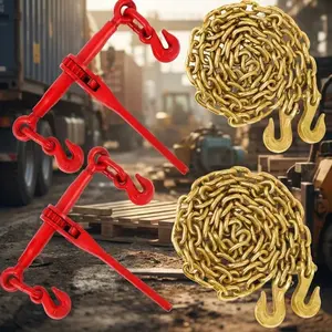 Gaomon G70 Grade Steel Adjustable 3/8in-1/2in Ratchet Chain Binder 2 Pack, 12000 LBS WLL Zinc Plated Heavy Duty Tie Down with 2x10FT Grappling Hook Chains for Truck, Industrial Hauling