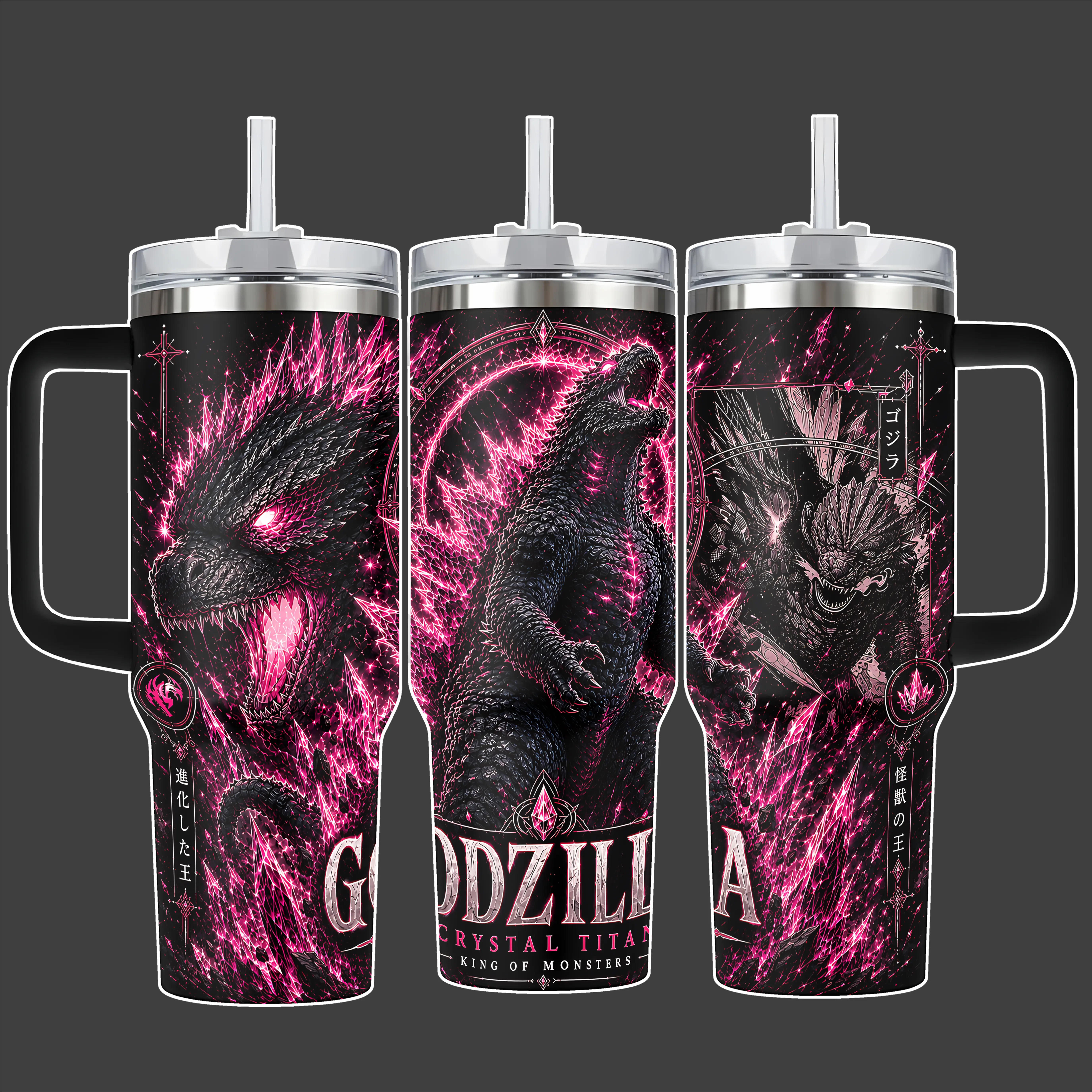 Godzilla Crystal Titan King of Monsters Pink Crystal Kaiju Tumbler Cup, Neon Black Full Wrap Stainless Steel Insulated Tumbler 20oz/40oz With Straw Lid Included, 40oz Handle Option