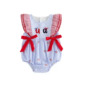 Infant Baby Girl Patriotic Romper Flying Sleeve Letter Embroidery Striped Bubble Jumpsuit with Bow 4th of July 0-18 Months