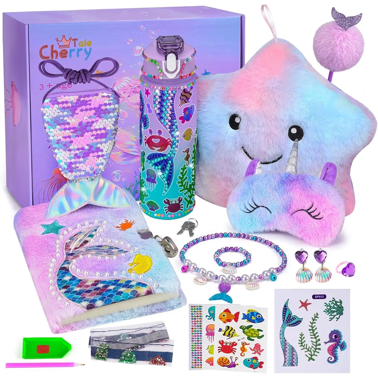 Mermaid Party Gifts Set for 4-10 Age Kids - Light-Up Pillows, Plushies, Customizable DIY Water Bottle Kits, DIY Decorations, Diary, Toys, Plastic Gems (Festive Party Supplies)