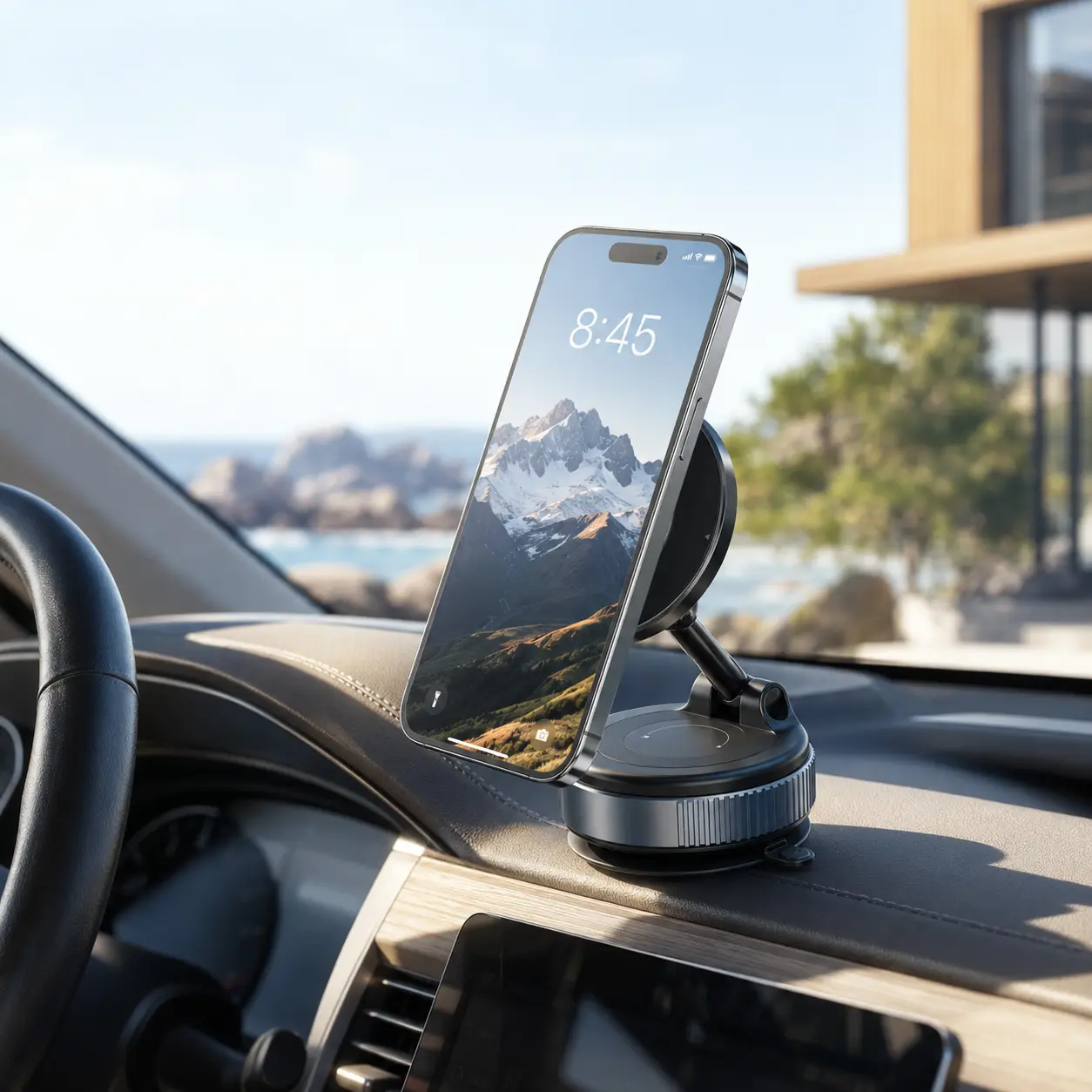 Vacuum Magnetic Phone Holder for Car, Black Foldable 360° Adjustable Phone Mount with Twist-Lock Suction Base for Dashboard, Mirror, Desk, iPhone & Android