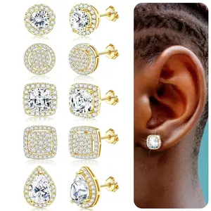 CASAIECA Cubic Zirconia Stud Earrings for Women Men Simulated Diamond CZ Halo Stud Earrings Round Square Iced Out Earrings 18K Gold-plated Plated Hypoallergenic 925 Sterling Silver Post Earrings Set Men's Accessories