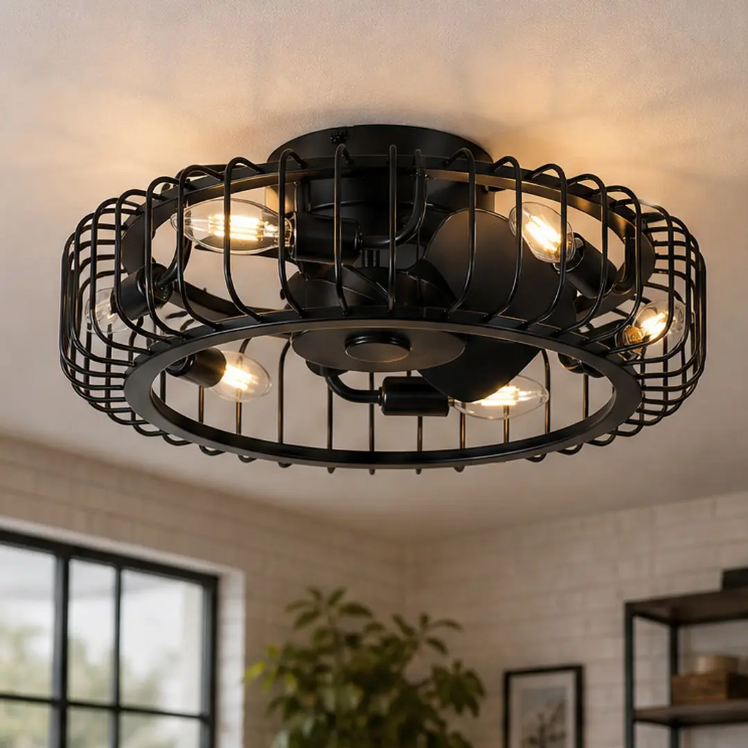 20 Inch Low Profile Ceiling Fan with Light Fixture, Black Indoor Flush Mount Ceiling Fan with E12 Bulb Socket, Modern Industrial Acrylic Fan for Bedroom Living Room, 16W Energy Efficient Motor, 120V, Black Color Options, Acrylic Material