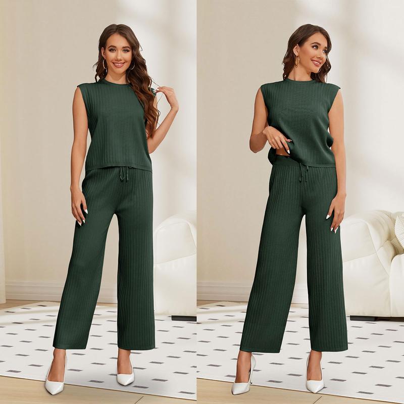 Molitree Women's 2 Piece Outfits Sweater Sets Knit Sleeveless Pullover Tops High Waist Pants Lounge Sets Tracksuits