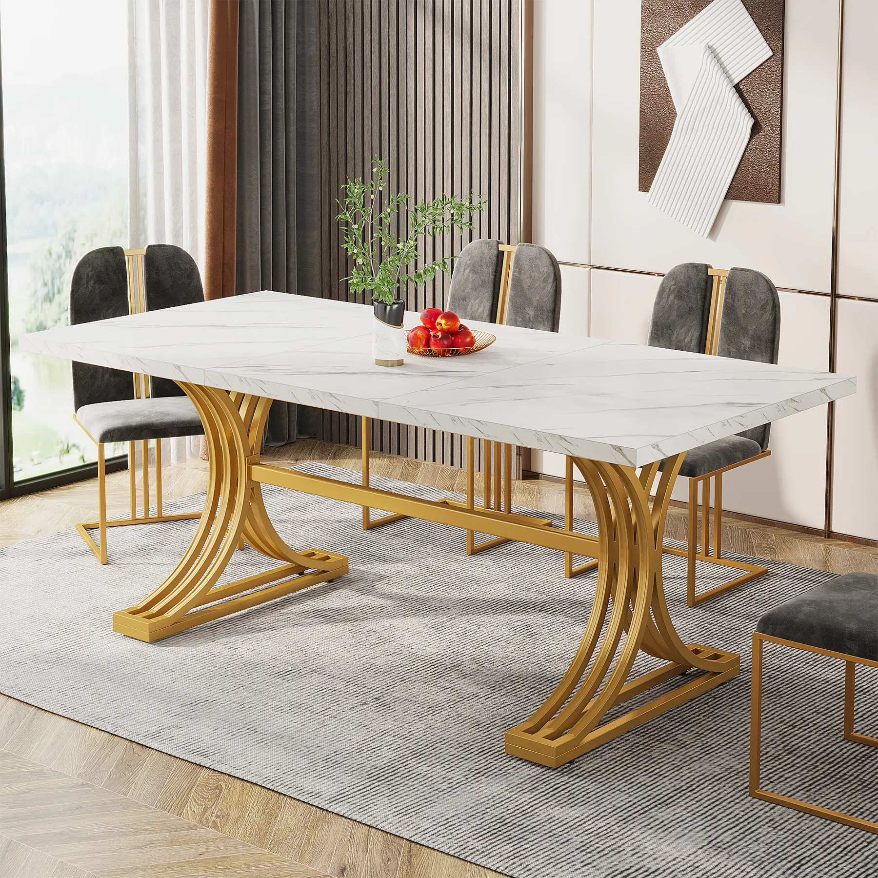 63-Inch Rectangular Dining Table for 4 to 6, Modern Kitchen Table with Faux Marble Table Top, White Dinner Tables