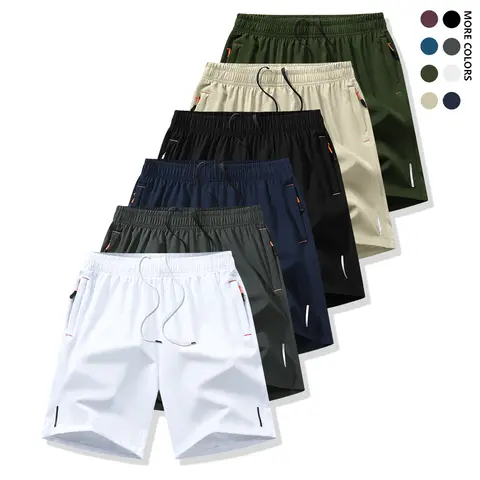 Men's 6-Piece Solid Color Active Athleisure Shorts - Breathable Quick-Dry Polyester Bottoms with Zip Pockets, Drawcord, Adjustable Cinch-Fit, Fitted Cut, Sporty Chic for Gym, Casual Use (Sizes M, XL), Zip Pocket