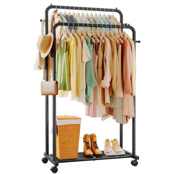 Clothes Rack, Double-Rod Garment Rack with Hooks & Mesh Shlef, Versatile Clothing Racks for Hanging Clothes, Hats, Bags, Portable Hanger for Bedroom, Laundry, 32.7"×16"×59.1"