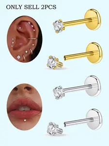 2Pc 16G/18G 316L Stainless Steel Internal Thread CZ Stud Piercing Jewelry for Tragus/Nose/Helix/Conch/Medusa/Lip/Labret - Helix Tragus Cartilage Earring for Women Men