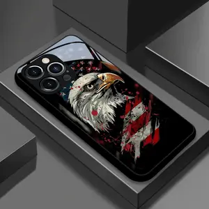 Phone case: Eagle with Flag Background HD Tempered Glass Phone Case, Compatible with iPhone 17 16 15 14 13 12 11 PRO MAX PLUS,AIR