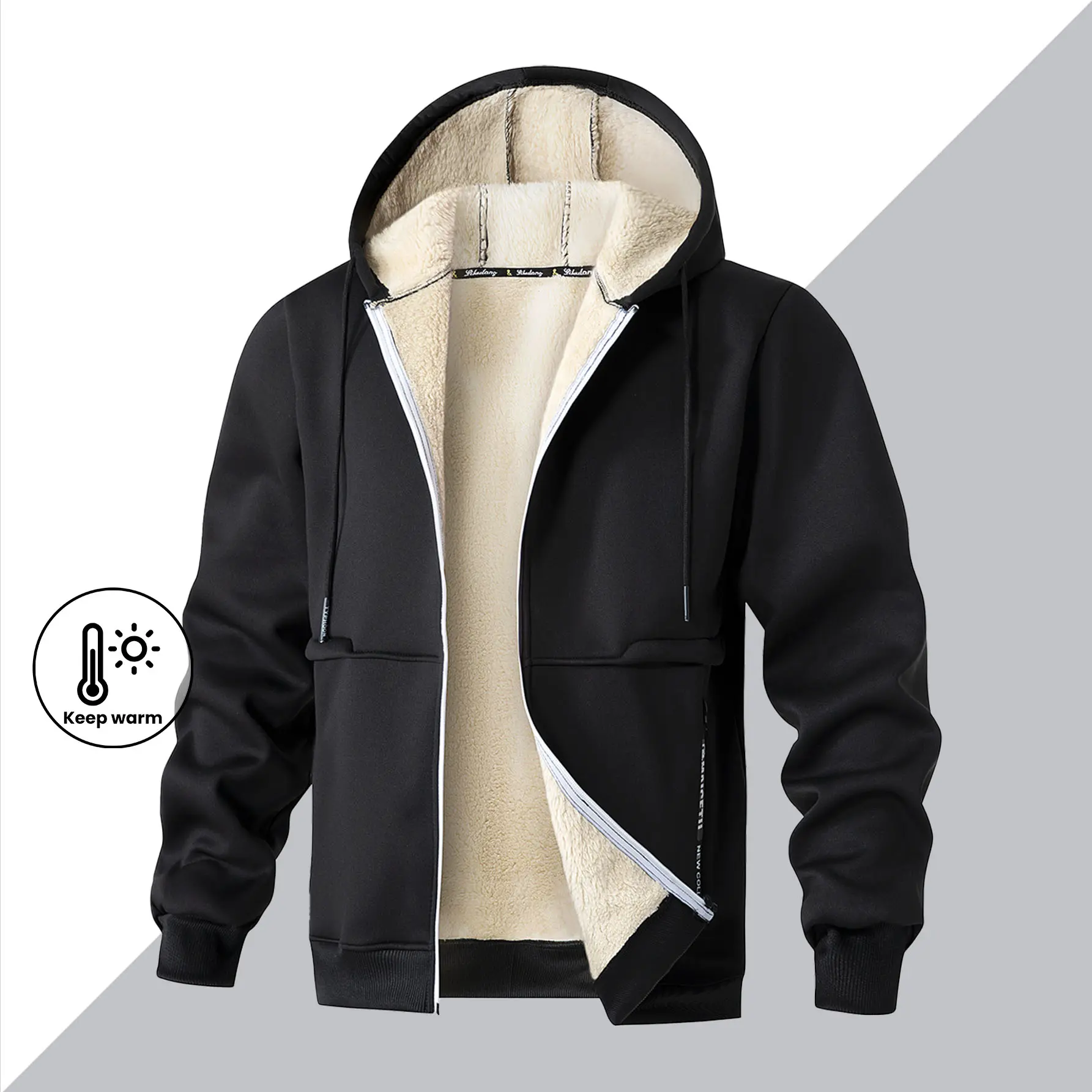 Men's Casual Athletic Fleece Hoodie - Solid Color, Sherpa Lined, Zip-Up, Warm Winter Thermal Coat for Casual Days, Easy Style Cardigan, Moves From Gym To Coffee Runs