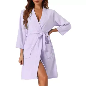 cheibear Women's Mid-Length Two Pockets Soft Spa & Bath Waffle Robes With Belt Small Purple