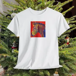 Men's Zebra with vibrant, stylized design Graphic T-Shirt - Short Sleeve Crew Neck Regular Fit Casual Wear | Soft & Breathable Fabric, Durable Print, Everyday Comfort, Machine Washable, Pop Art, Warhol-inspired modern art T-shirt displayed in front of a