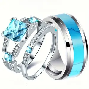 1Pc Men’s Couple Ring - 8mm Stainless Steel, Turquoise Pattern, Cubic Zirconia (CZ), Wedding/Engagement/Party Jewelry