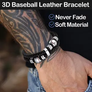 U7  Men Leather Bracelet with Baseball Charms Stainless Steel Baseball Beads Bracelets