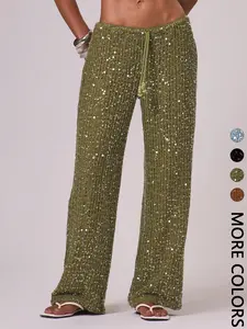 Women's Bohemian Style Beach Pants, Elegant Summer Sequined Long Trousers, Fashionable Holiday Wear, Ladies' Casual