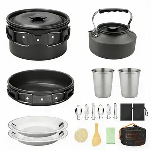 17pcs Camping Cookware Kit, 0.45Gal Pot, 7inches Pan,0.30Gal Kettle Set with 2 Set Stainless Steel Cups Plates Forks Knives Spoons for Hiking