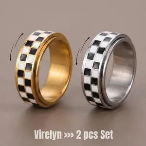 2PCS Checkered Fidget Ring for Adults, 18K Gold-Plated Stainless Steel, Stress Relief Accessory with Fashionable Geometric Design, Ideal Gift