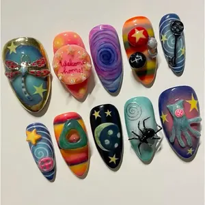 S103 Cosmic Dreamscape Press-On Nails, 3D Galaxy & Button Details, Magic Night Theme, Custom Press-On Nail, Solana Nails Town