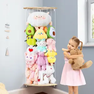 Animal Hammock, Length (44-71 in) Wood Corner Shelf with Star Pattern, Toy Organizer for Plush, Nursery, Playroom & Bedroom (Sturdy Transparent)