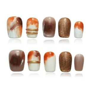 Brown Press on Nails Extra Short Coffin Nails, Handmade 3D Gold Lines & Marble Watercolor Ombre Design Glitter Artificial Luxury Acrylic Nail Set