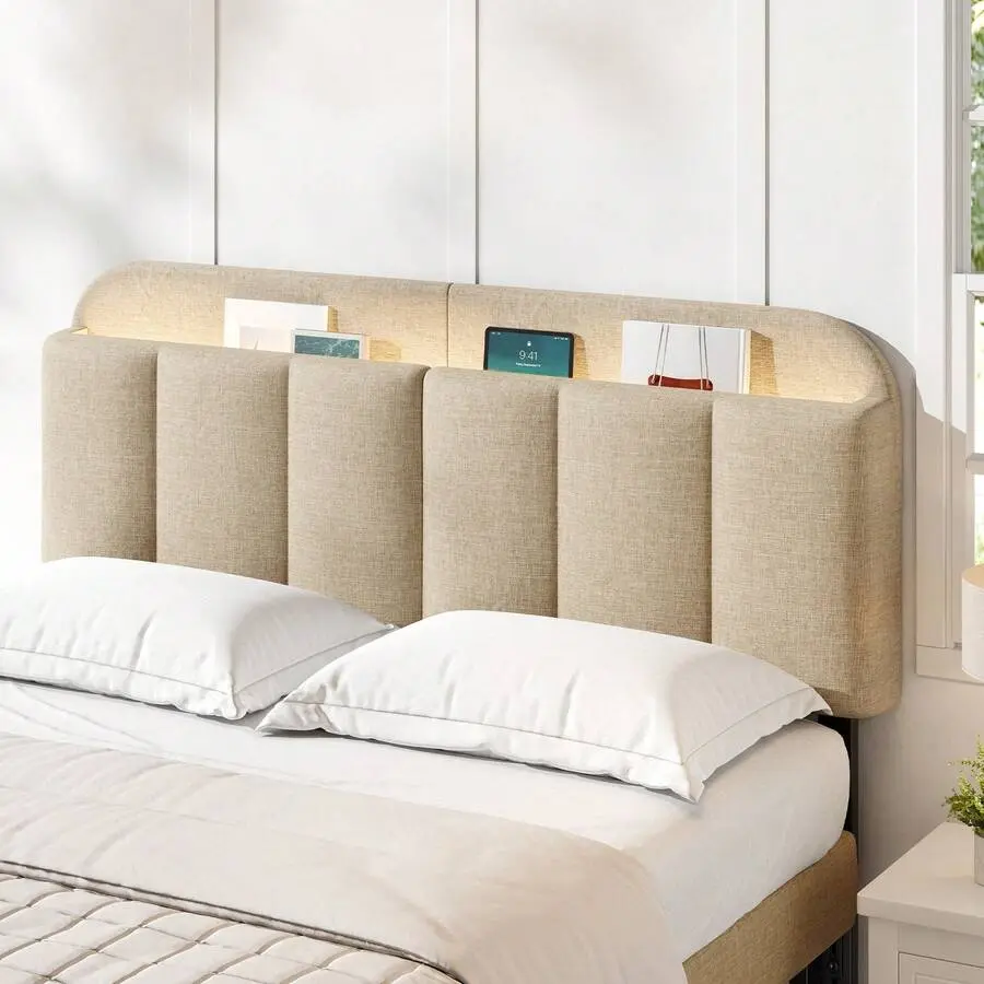 Adjustable Linen Fabric Headboard - Height-Adjustable Rectangular Vertical Channel Design with Storage Drawers, Universal Adapter for Full/Queen Size Bed Frames, Modern Indoor Furniture for Bedroom, Living Room (Sand)
