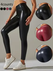 Women's Solid High Waist PU Leather Sports Groove Leggings, Casual Comfy Breathable Skinny Pants for Yoga Gym Workout, Ladies Sportswear for All Seasons