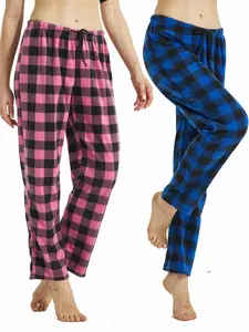 Women's 2pcs Plaid Print Tie Front Elastic Waist Pajama Pants, Casual Comfy Sleep Bottoms for Spring & Fall, Comfy Homewear for Women