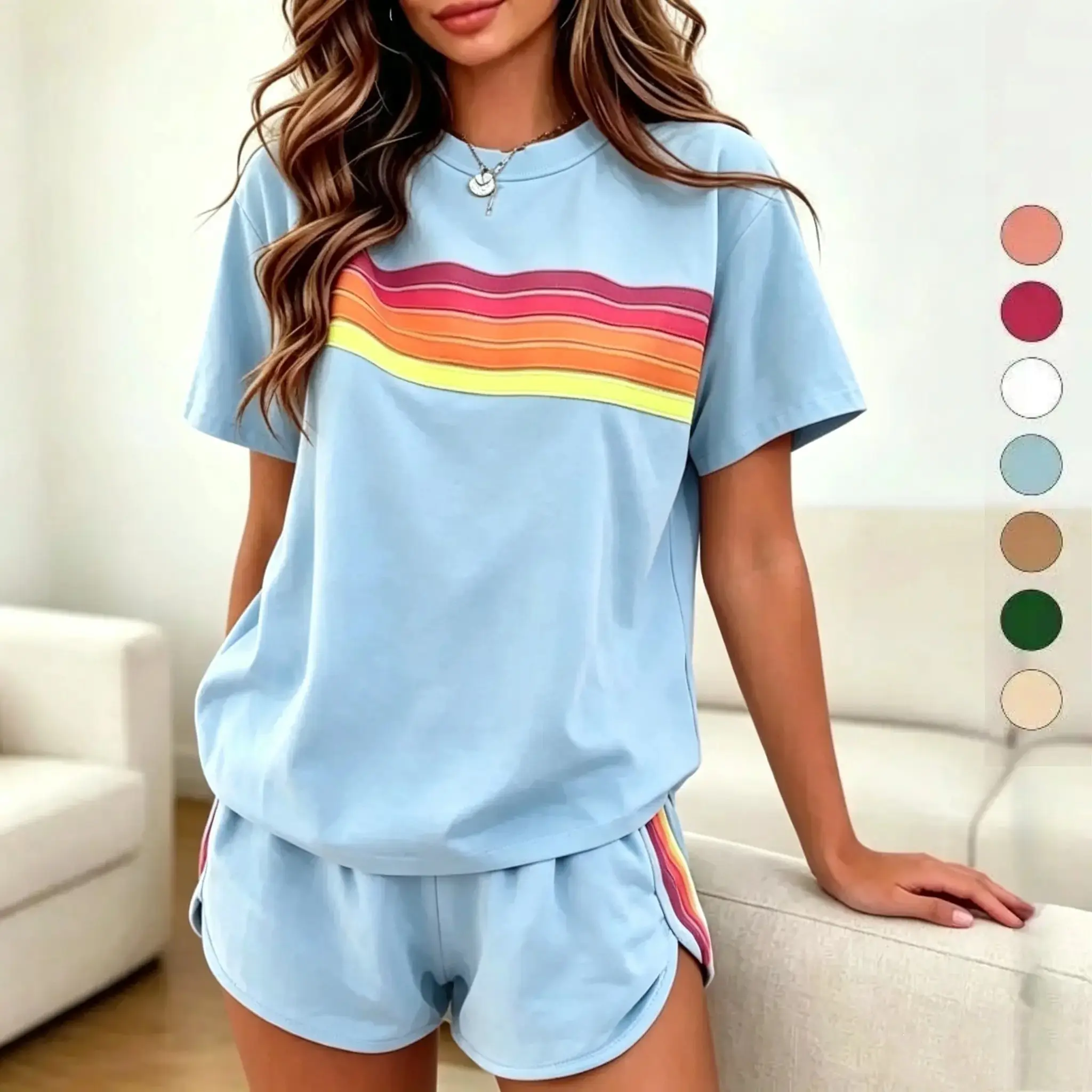 Two‑Piece Rainbow Stripe Matching Outfit Set For Women, Retro Striped Short‑Sleeve T‑Shirt And Elastic Waist Shorts, Soft Lightweight Breathable Athleisure, Casual Loungewear For Daily Wear, Summer Vacation And Outdoor Street Outings