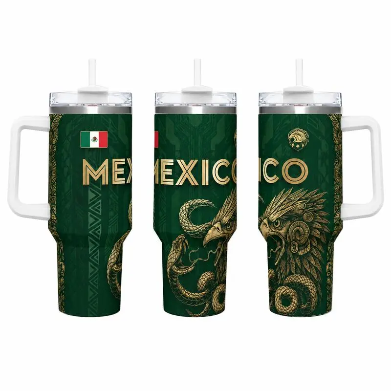 Tumbler Cup - 40oz (1000-2000ml) Portable Travel Mug with Handle & Lid, Mexico Golden Eagle Snake Emblem, Mexican Flag, Aztec Pattern Dark Green Print, 24H Cold 12H Hot, Proud Mexican Heritage Gift for Adults