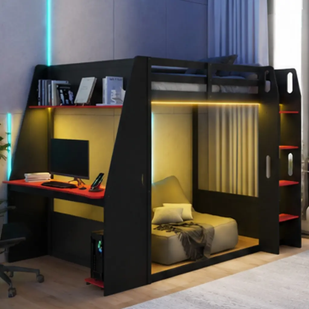 Full Size Wooden Gaming Bunk Bed with Desk, Two Storage Shelves, USB Ports & LED Lights, Space-Saving Loft Bed Frame for Kids Teens, Built-In Study Area, Multiple Shelves, Sturdy Construction, Bedroom Furniture, Bedroom Furniture for Bedroom
