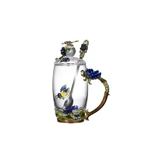 Flower Teacup Transparent Glass  (with Spoon + Lid) Fancy Tea Cups Cup Gift Gifts For Women Mother's Day Present,gift Box. (rose Blue High Cup)