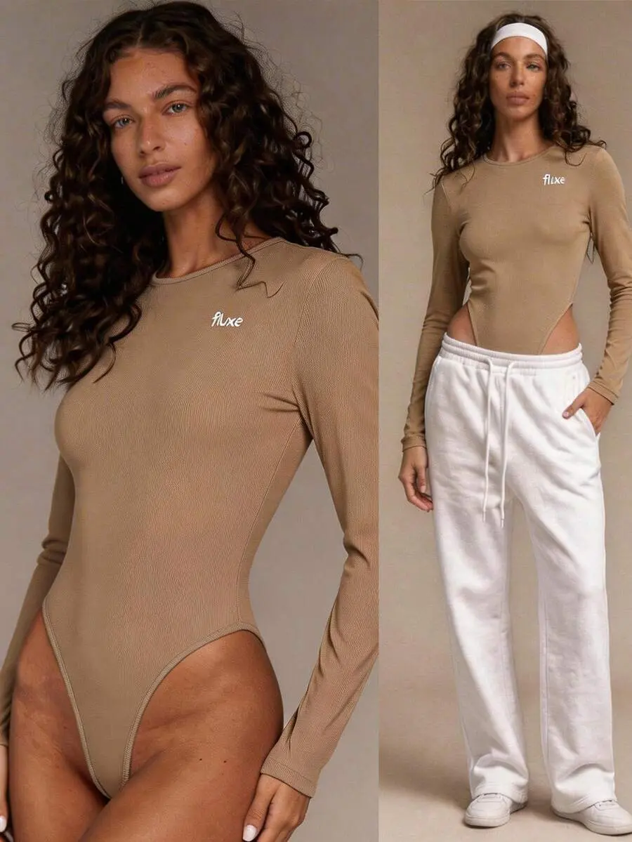 OFFGIRD x Fluxe Khaki Rib-Knit Round Neck Long Sleeve Casual Tee Bodysuit For Women,Slim Fit Basic Top,Autumn,Athleisure,Pilates,Spring Outfit, Outfits
