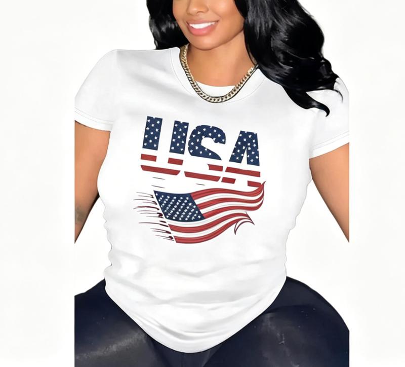 Women's 100% Cotton Slim Fitted Short-Sleeve T-Shirt - Patriotic USA Flag Graphic, Soft Casual Outdoor Top for 4th of July Events, Denim & Leather Complementary Piece, Shortsleeve