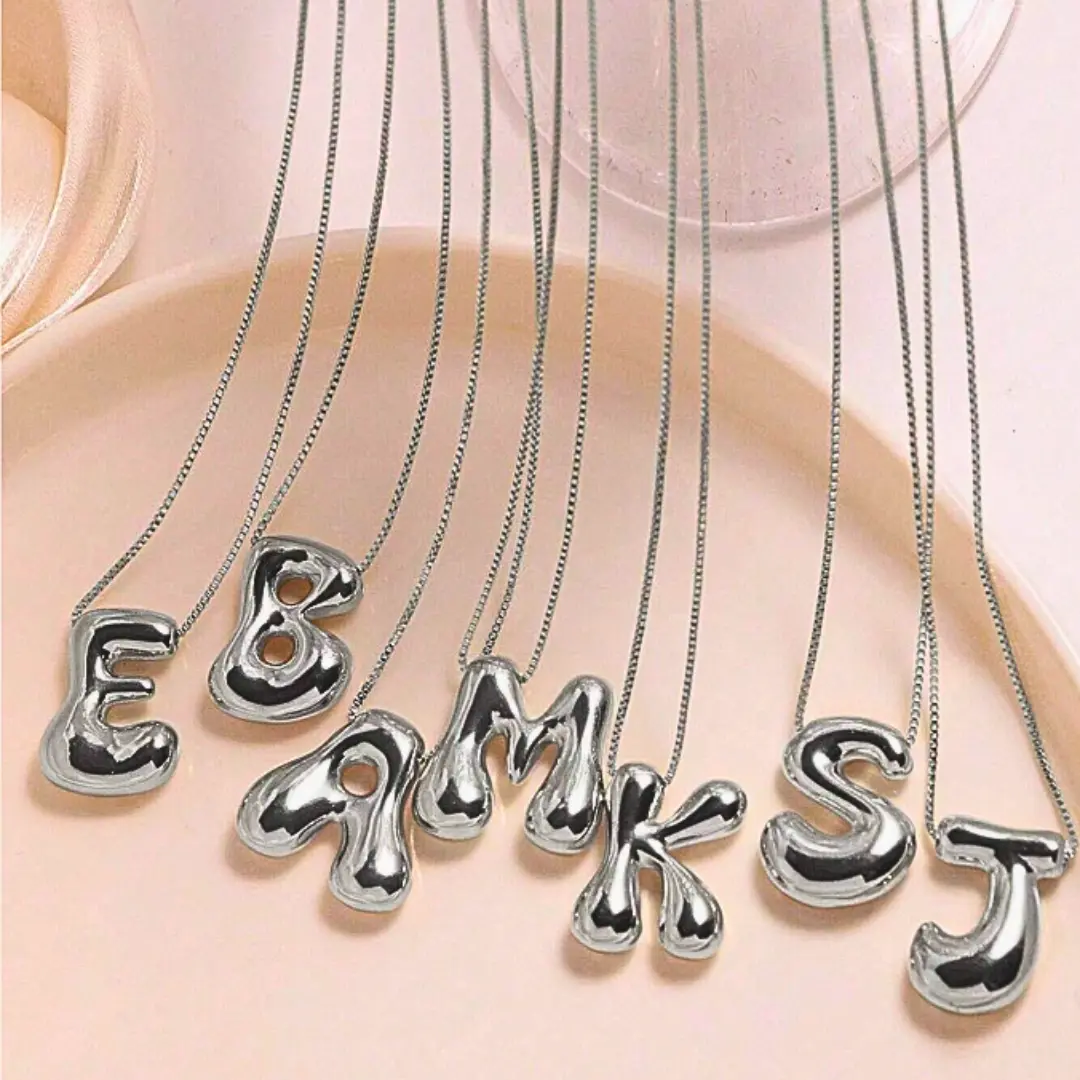 Stainless Steel Round Bubble Letter Pendant Necklace, Solid Ball Shape for Women Daily Wear