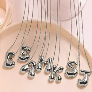 Stainless Steel Round Bubble Letter Pendant Necklace, Solid Ball Shape for Women Daily Wear