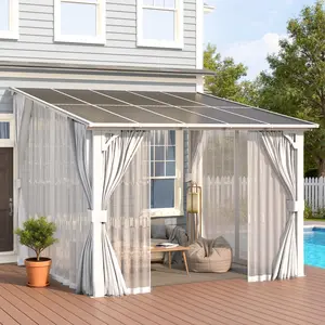 Outdoor Wall Mounted Hardtop Gazebo Patio Metal Pergola with Curtain and Netting