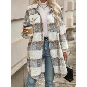 Plaid Pattern Button Front Furry Jacket, Warm Long Sleeve Long Collar Coat Autumn and Winter, Women's Clothing Womenswear Tops(gift)(Gift)11