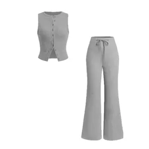 Ribbed Knit Two Piece Outfits for Women, Slim Fit Button Front Sleeveless Tank and High Waisted Flare Wide Leg Pants Set, Casual Solid Color Matching Lounge Wear