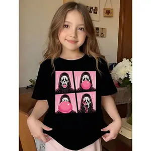 Young Girl's "Pop Art Ghost 100% Cotton Halloween Kids T-Shirt&Cute Ghost Print/Trick Or Treat Tee/Graphic Cotton Tees, Cool &Cute Single- Print Clothes By Young Girls,Black Casual Style Summer T-Shirts With Pop Art Pattern