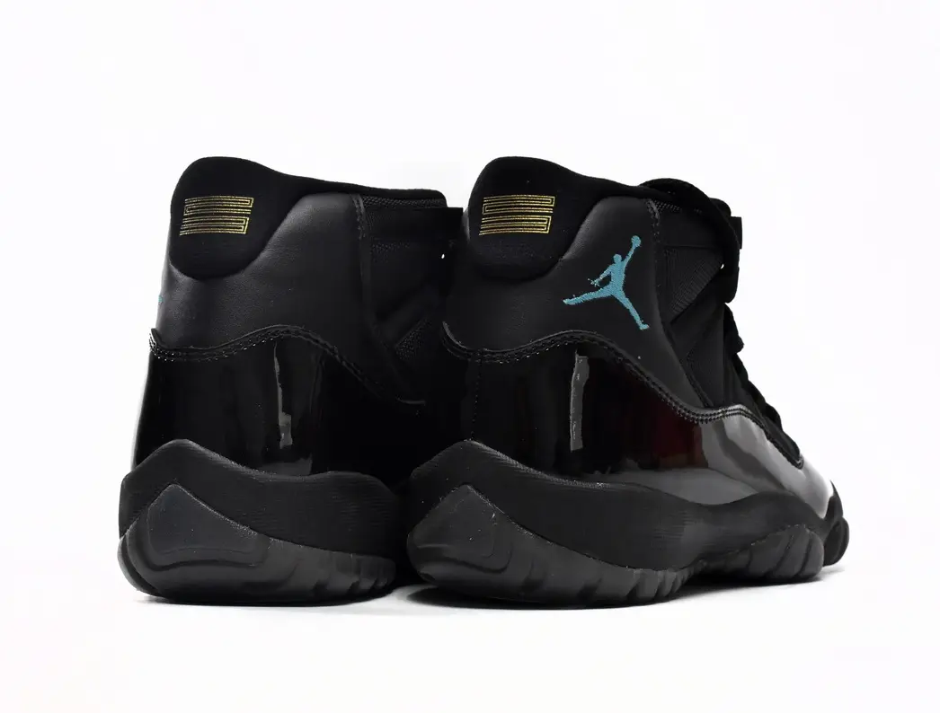 Full Black Gloss Patent Leather High Top Retro Basketball Sneakers Unisex, Light Turquoise Heel Embroidery, Breathable Mesh Upper & Grippy Solid Black Rubber Outsole #RetroBasketballShoes #HipHopKicks #Un