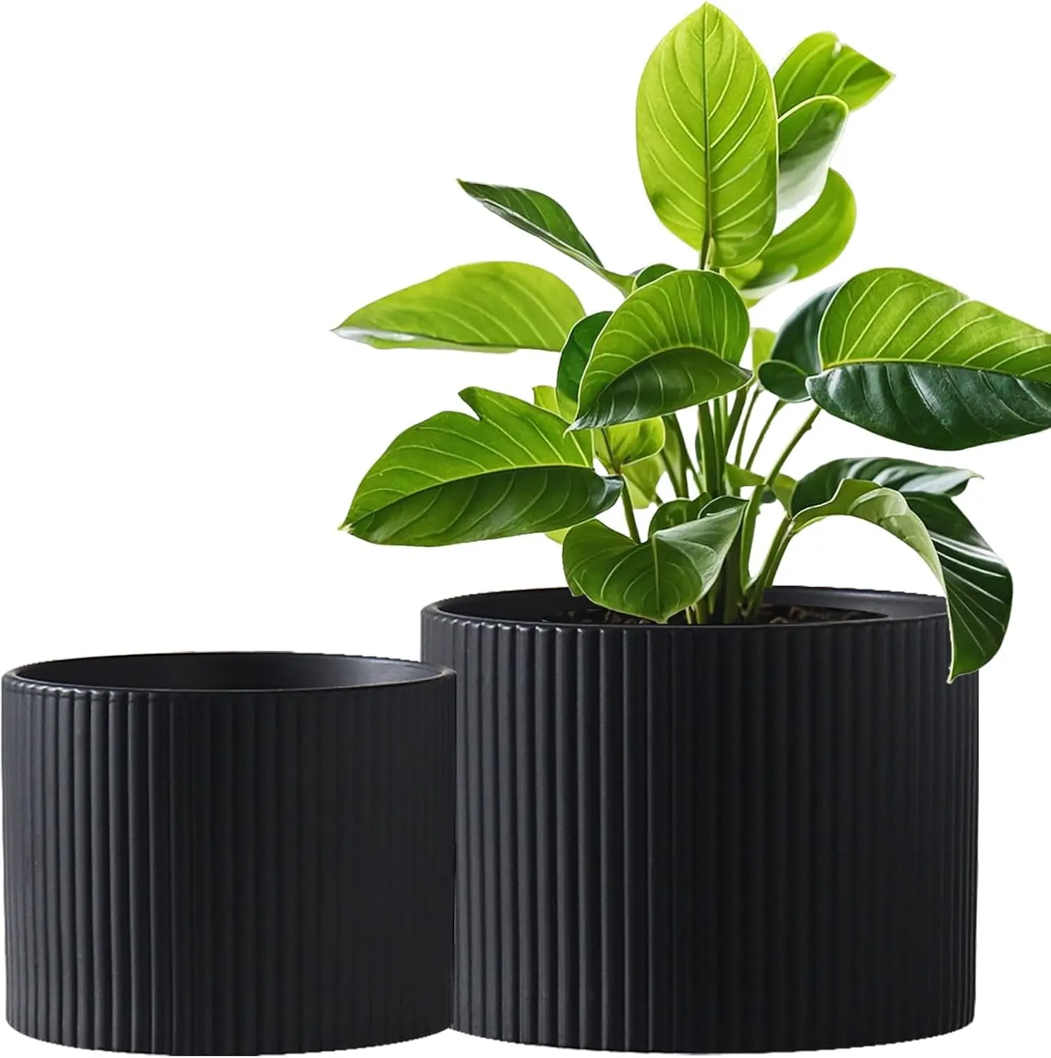 Ceramic  Pots, 8.1 + 6 Inch Planters for Indoor , Modern Flower Pots for  with Drainage, Medium Cylinder Flower Pots for Indoor , House , Matte Black